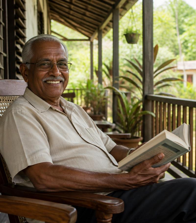 Elderly gentleman reading on a Trinidad veranda
