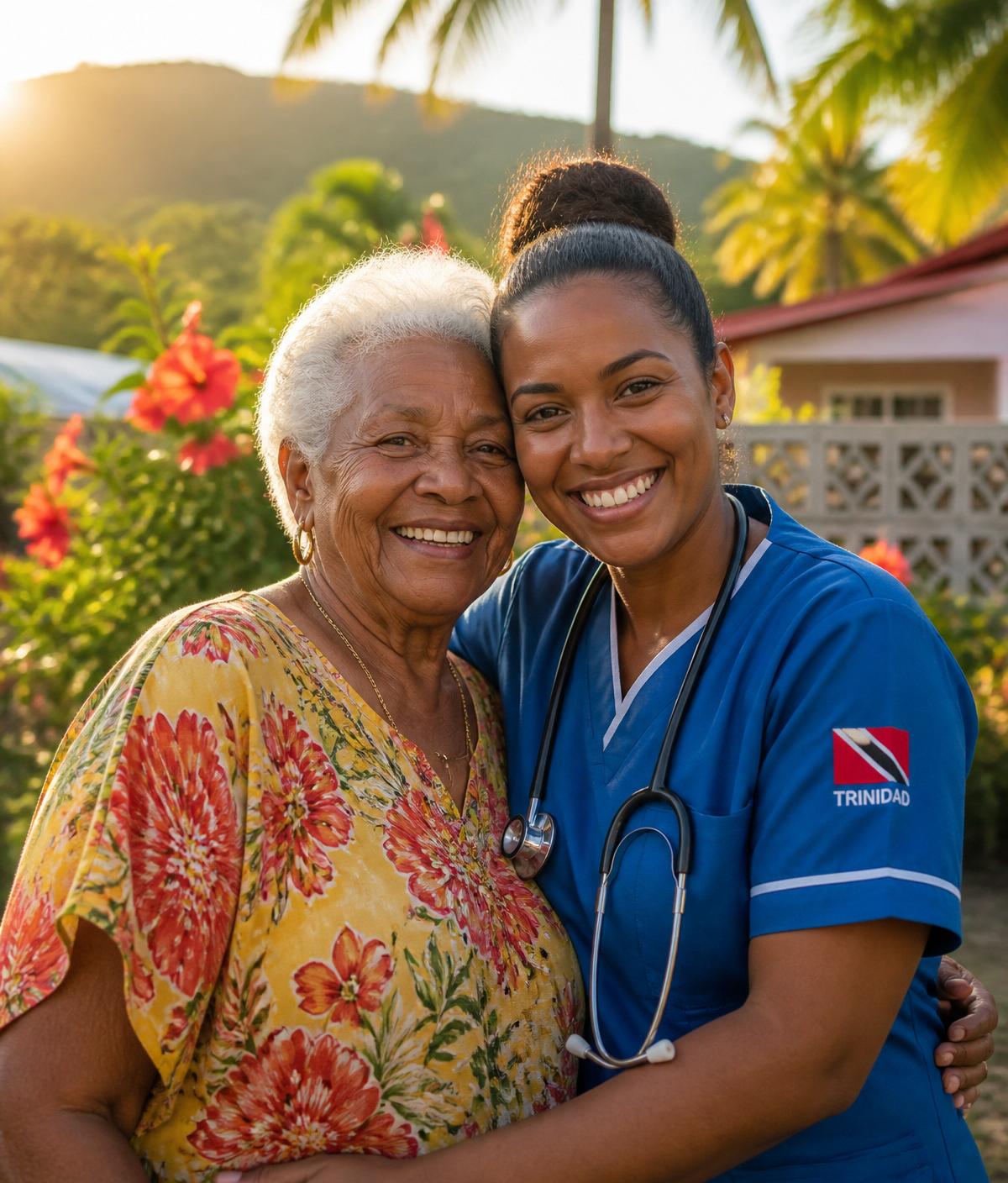 Elderly woman smiling with her caregiver in a Trinidad garden